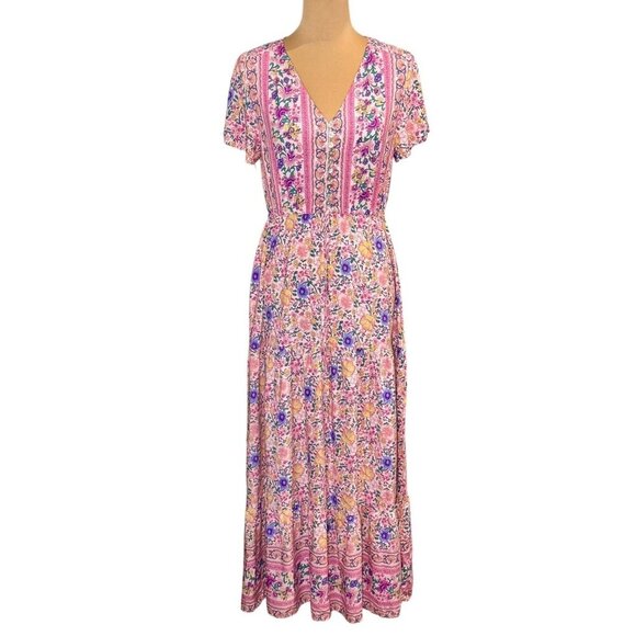 R Vivimos Tiered Floral Maxi Dress Sz.S Pink Short Sleeve Cottage Boho Romantic - Picture 2 of 16